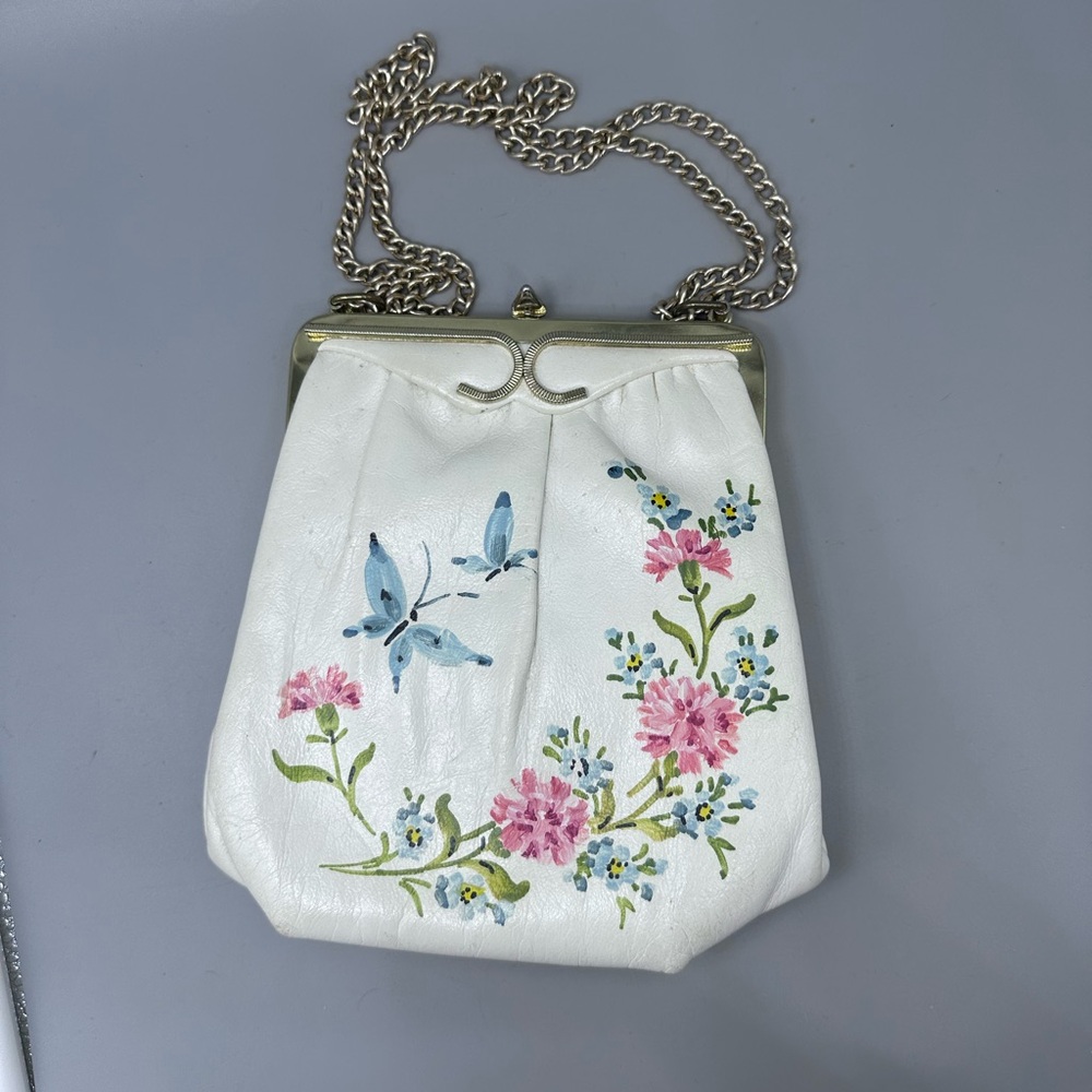 Vintage Hand painted Floral Art Handbag Snap Purse White Festival Bag